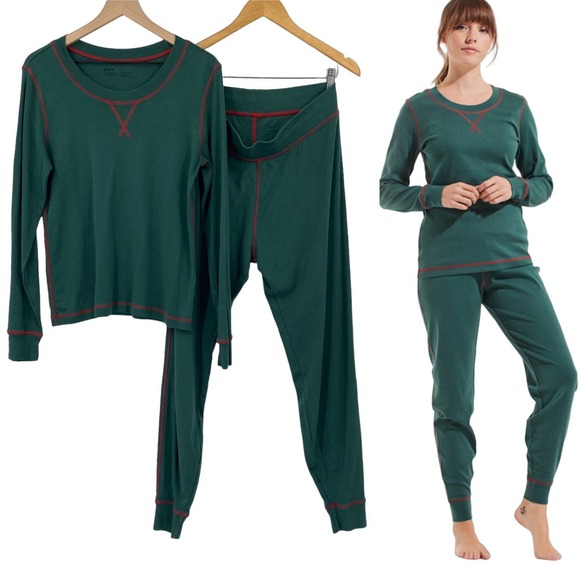 Pact Other - Pact Pajama Set Organic Cotton Red Stitching Details Stretchy Green Womens Large